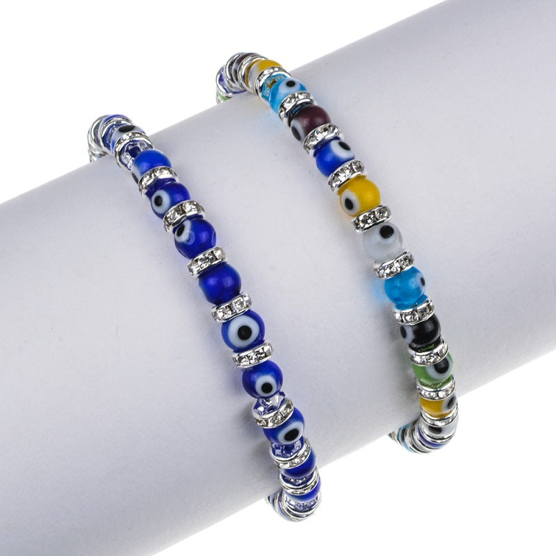 Wholesale 6mm Glass Bead Alloy Diamond Devil Eye Bead Elastic Bracelet